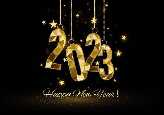 2023 Happy New Year background banner sparkling gold star lines handwritten lettering typography