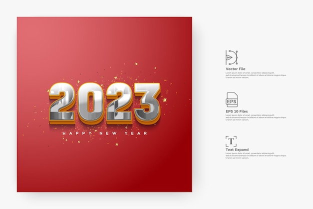 2023 happy new year background with metallic numbers on a red square background