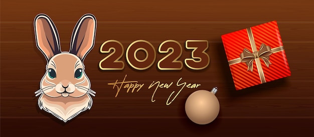 2023 Happy New Year. Banner with cute rabbit, Christmas gift box, Christmas toy on a wooden table