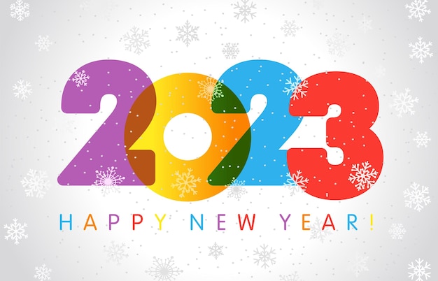 2023 A Happy New Year congrats. Creative logotype concept with transparency. White snowy backdrop.