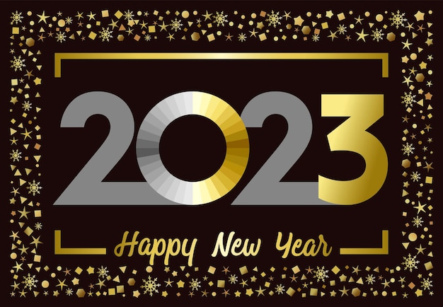 2023 A Happy New Year congrats. Logotype concept, golden frame. Beautiful shiny snowy backdrop.