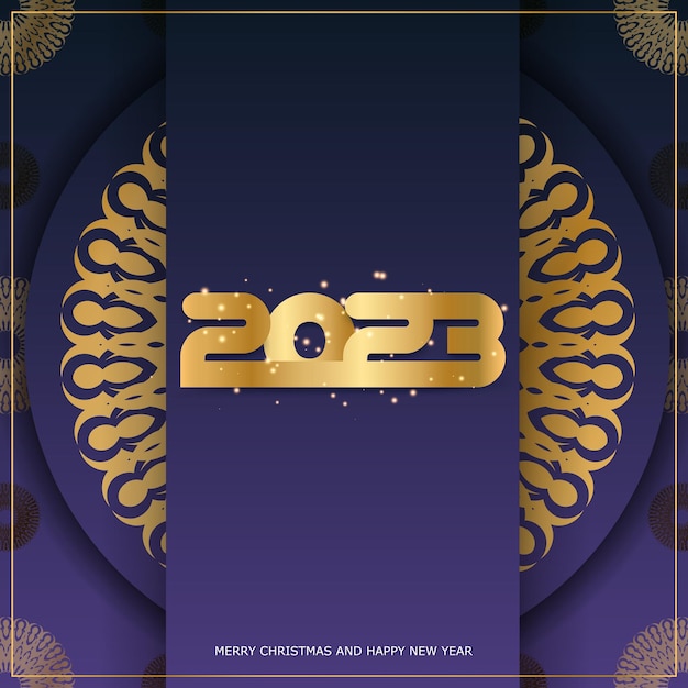 2023 Happy New Year festive greeting card Golden pattern on Blue