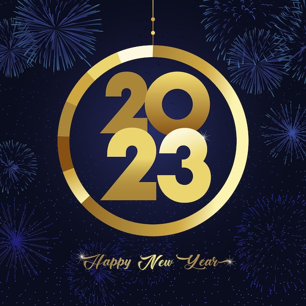 2023 A Happy New Year greetings. Golden ball with shiny number 20 23. Isolated graphic design.