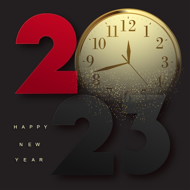 2023 Happy New Year and Merry Christmas card with golden watch Vector