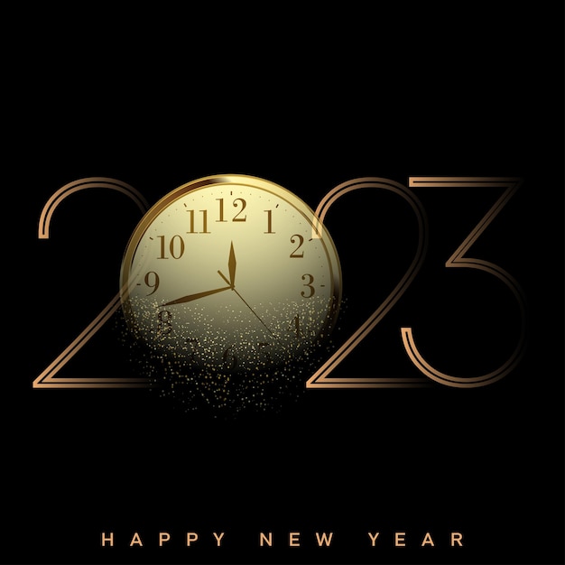 2023 Happy New Year and Merry Christmas card with golden watch Vector