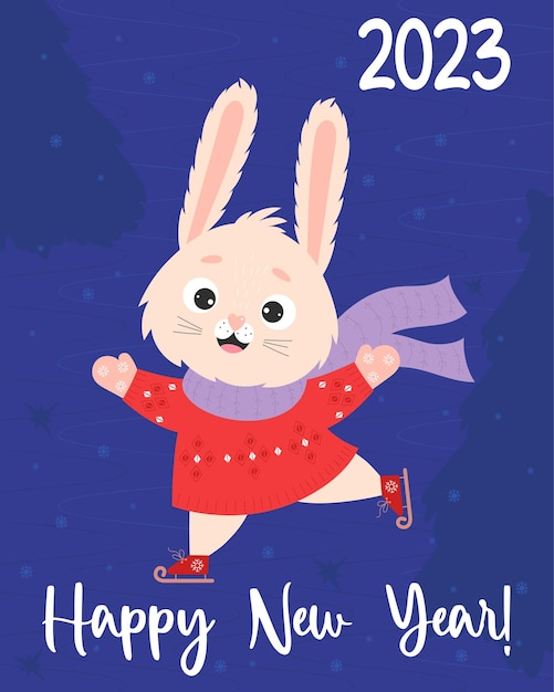 2023 Happy New Year poster Happy cute rabbit skating Bunny symbol is of year Chinese New Year