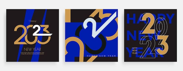 2023 Happy New Year posters set. Typography cover with numbers 2023. Vector holiday composition.