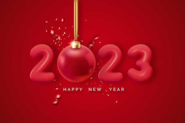 2023 Happy New Year Red numbers and Christmas ball hang on ribbon Realistic 3d balloon numbers