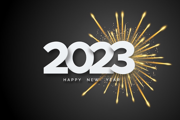 2023 Happy New Year White numbers and firework on black background New Year 2023 greeting card