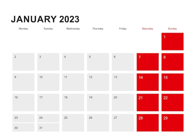 2023 January planner calendar design Week starts from Monday