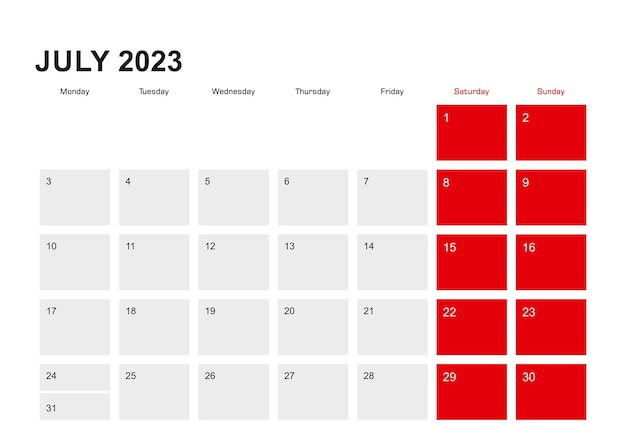 2023 July planner calendar design Week starts from Monday