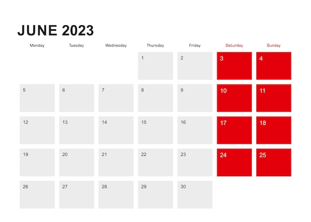 2023 June planner calendar design Week starts from Monday