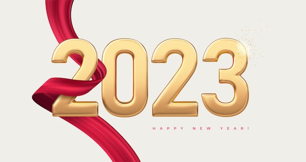 2023 New Year banner. Gold numbers and elegant ribbon illustration. Vector greeting card.