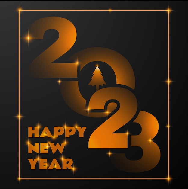 2023 New Year black minimal poster with fly gold orange numbers and tree with text Greeting card Vector