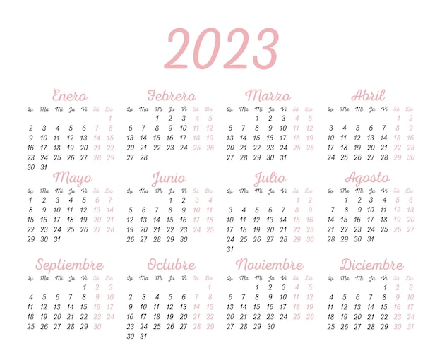 2023 new year calendar in Spanish