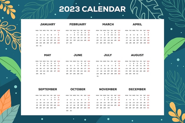 2023 new year calendar template with hand drawn leaves background