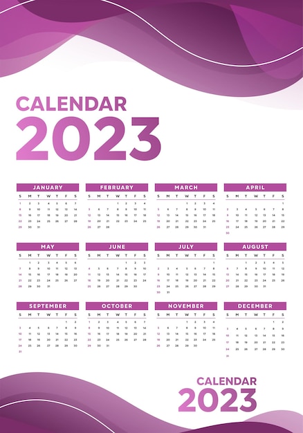 2023 new year calendar template with purple colour