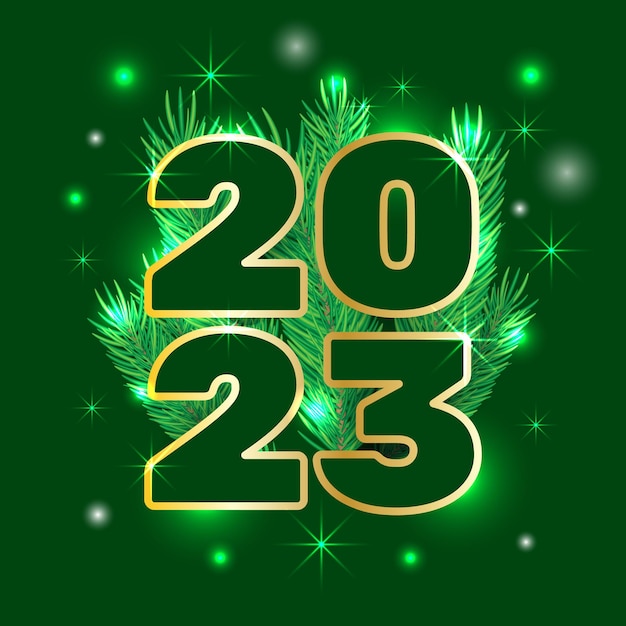 2023 New Year card template with golden numbers and pine branches on sparkling green background