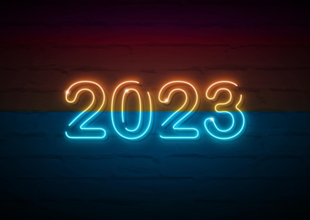 2023 New Year glowing colorful neon signboard on brick wall. Vector Happy New Year sign