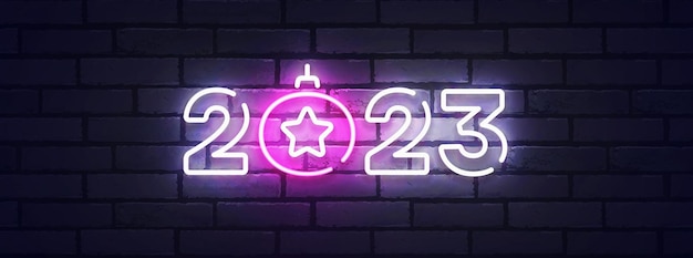 2023 New Year neon background colorful Merry Christmas neon sign Logo emblem banner and label bright signboard light banner