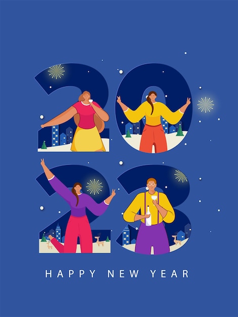 2023 Number With Faceless People Enjoying On Blue Background For Happy New Year Concept