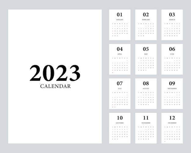 2023 printable monthly calendar template design week starts on Sunday minimal style