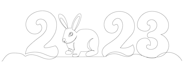 2023 and rabbit sketch continuous line drawing vector sketch