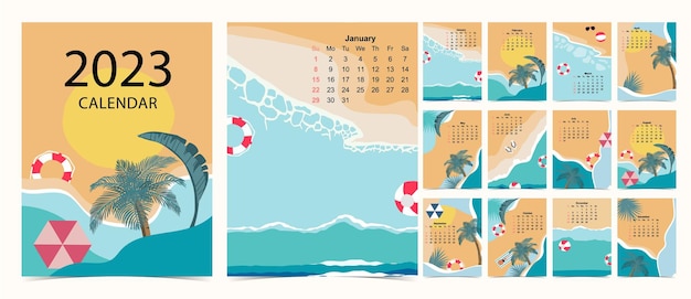 2023 table calendar week start on Sunday with beach and sea that use for vertical digital and printable A4 A5 size