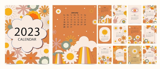 2023 table calendar week start on Sunday with groovy and flower that use for vertical digital and printable A4 A5 size