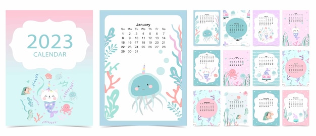 2023 table calendar week start on Sunday with mermaid and whale that use for vertical digital and printable A4 A5 size