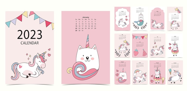 2023 table calendar week start on Sunday with unicorn that use for vertical digital and printable A4 A5 size