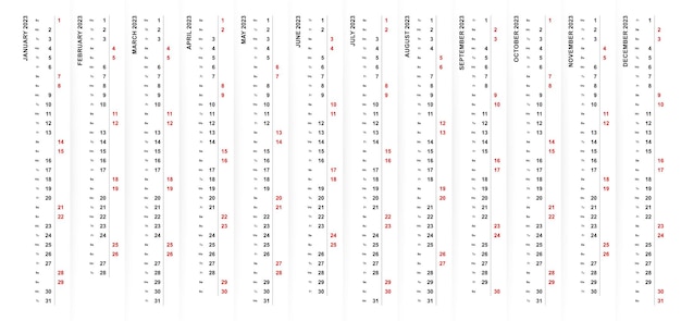 2023 vertical calendar design Saturday and Sunday selected in different color and row