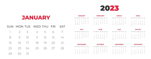 2023 wall calendar design template  with red color