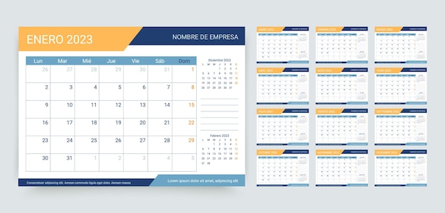 2023 year calendar Spanish planner template Vector illustration Table schedule grid