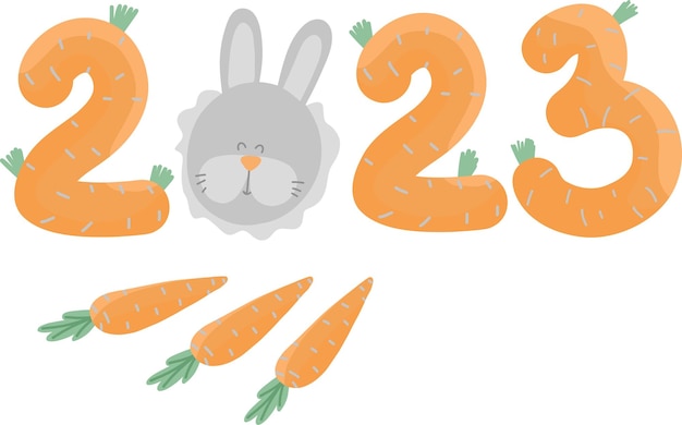 2023 year of Hare Large orange numbers like carrots with gray bunny Chinese New Year symbol