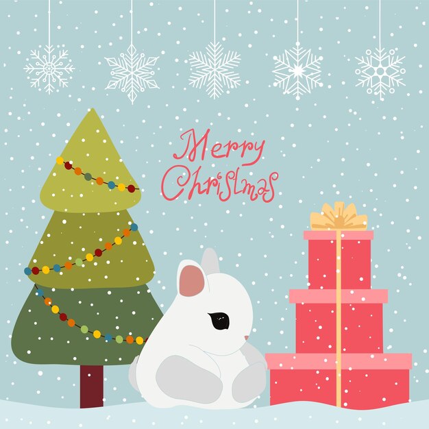 2023 year of the rabbit Cute Christmas bunny at the Christmas tree with gifts Vector illustration