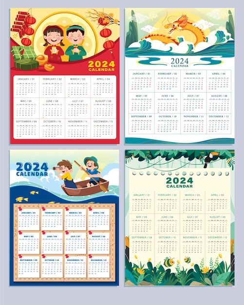 2024 calendar templates collection cute cartoon vector illustration