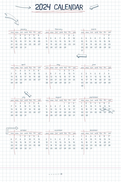 2024 calendar weekly planner and to do list hand drawn font type text and elements school note style checkered notebook sheet with lineart arrows and frames