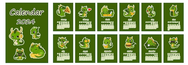 2024 calendar with green dragons design Calendar planner minimal style annual organizer Vector