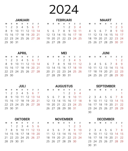 2024 dutch calendar Printable editable vector illustration for Dutch 12 months year kalender