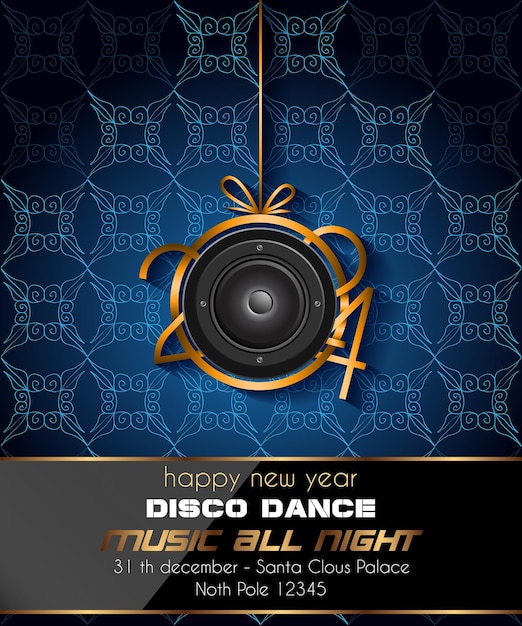 2024 Happy New Year disco club flyer with colorful elements Ideal for poster and music background