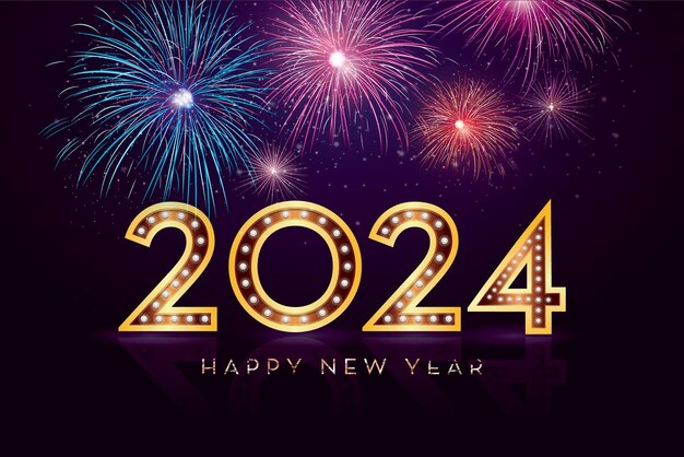 2024 Happy New Year fireworks celebration New Year's card vector black background