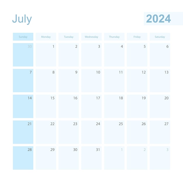 Vector 2024 july wall planner in blue color week starts on sunday