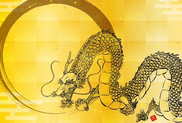 Vector 2024 year of the dragon japanese style new year's card ink painting style dragon and gold foil background