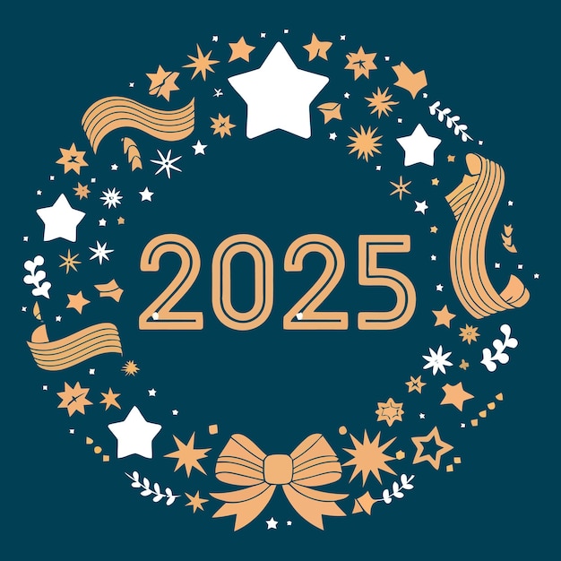 Vector 2025 new year celebration with festive wreath and confetti