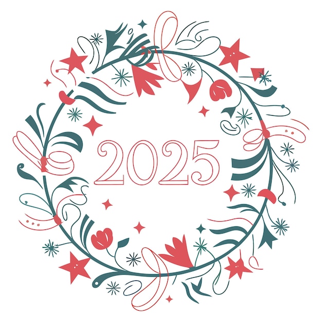 Vector 2025 new year celebration with festive wreath and confetti