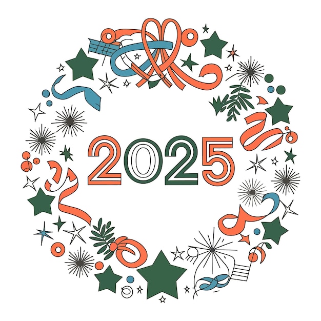 Vector 2025 new year celebration with festive wreath and confetti