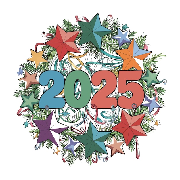 Vector 2025 new year celebration with festive wreath and confetti