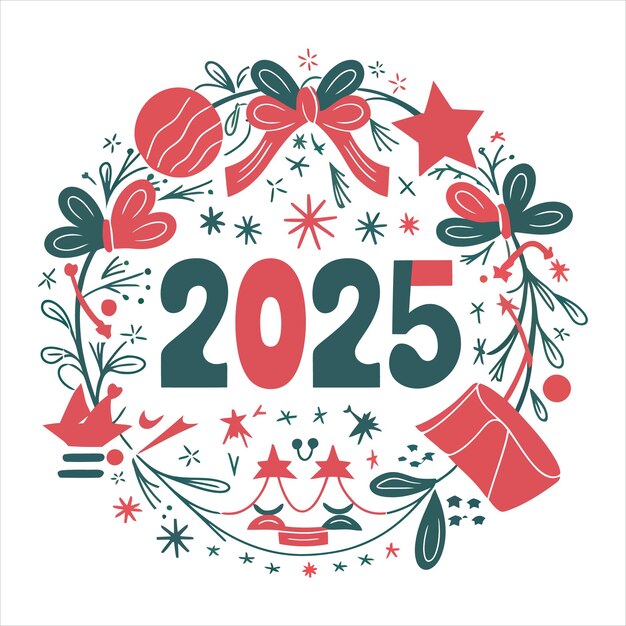 Vector 2025 new year celebration with festive wreath and confetti