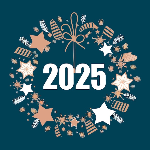 Vector 2025 new year celebration with festive wreath and confetti